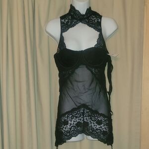 Frederick's of Hollywood Black Lace Halter Chemise with Sheer Bodice